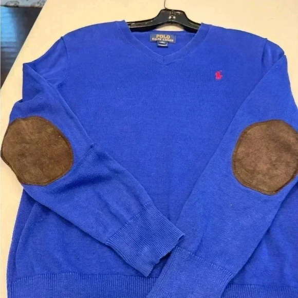 Polo Ralph Lauren boys knit V-Neck sweater.  blue w/elbow patches sz M 10-12 - Picture 5 of 11